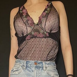 sophie b y2k pink and black mesh overlay lingerie top with floral embroidery
